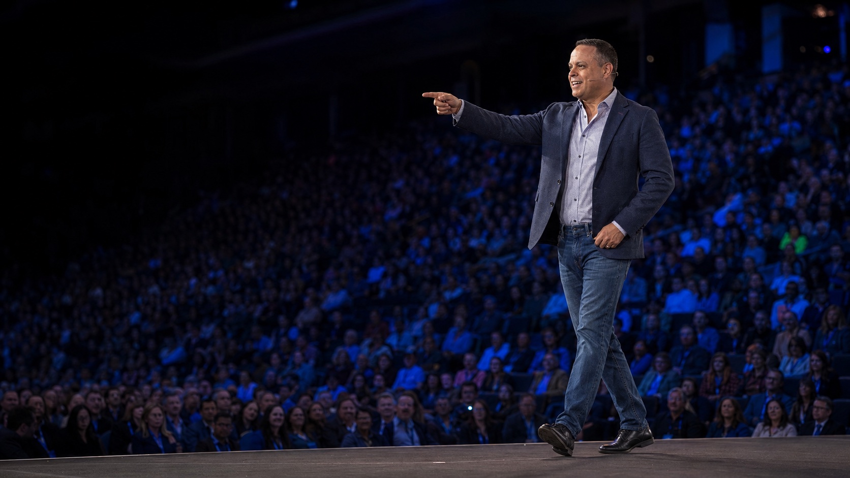 Mike Filsaime speaking at a Winning With AI live seminar in front of a packed audience